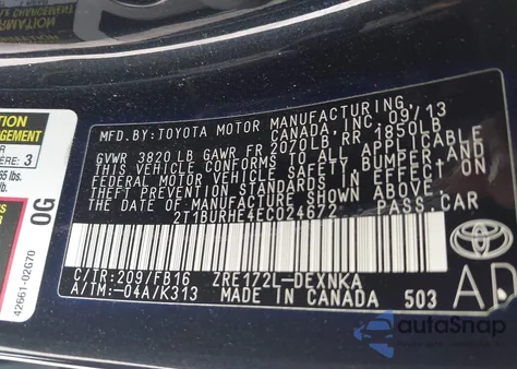 2014 Toyota Corolla Le Plus z USA, uszkodzony, nr VIN 2T1BURHE4EC024672